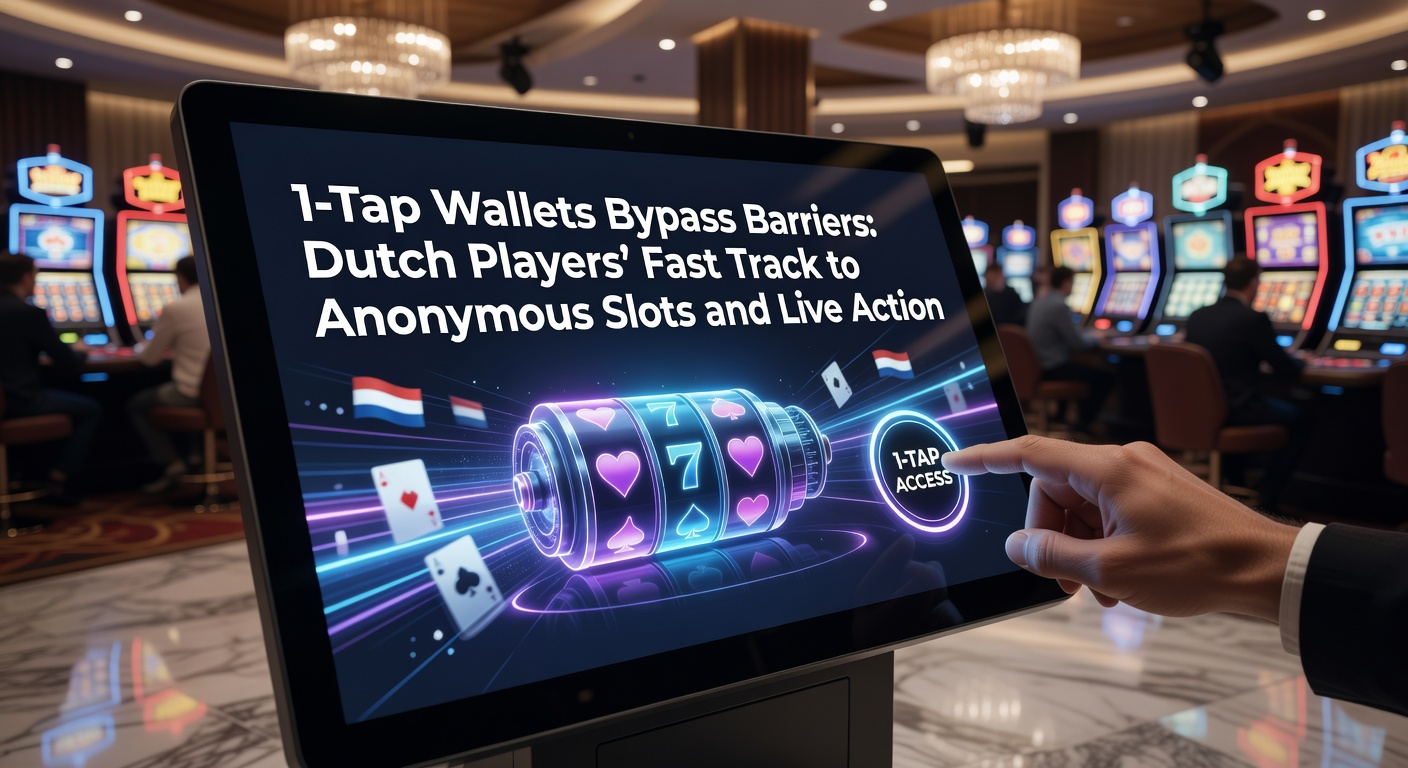 Grafische weergave van een 1-tap wallet-interface op een mobiel scherm, met iconen voor slots en live dealer tafels op de achtergrond, symboliserend snelle en anonieme toegang voor gokspelers