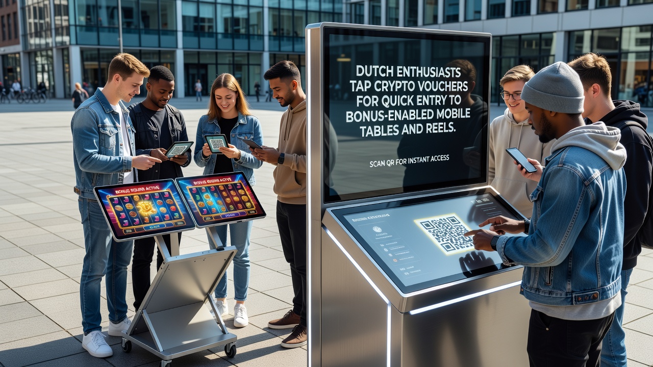 Mobiele casino-interface met crypto-voucher betalingen en actieve bonussen op tafels en reels