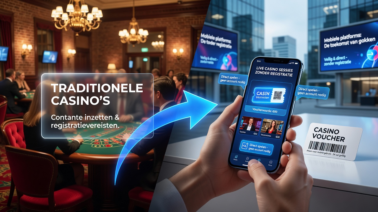 Illustratie van Nederlandse spelers die voucher-gedreven mobiele apps gebruiken voor live casino zonder ID-controle