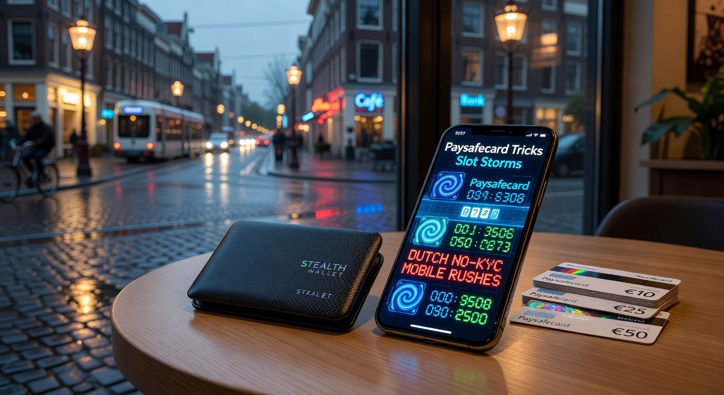 Grafiek met stijgende lijnen van Paysafecard-transacties en slot-winsten op mobiel, met iconen van stealth wallets en Nederlandse vlag, illustrerend de rush in 2026